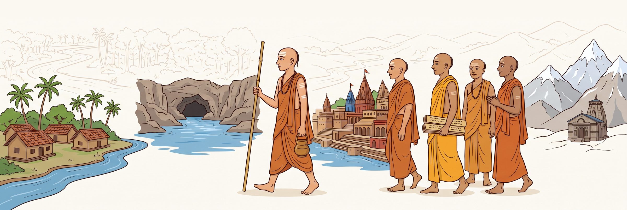 Śaṅkara’s journey: Kālaṭi, the Narmadā, Kāśī, the Himālaya