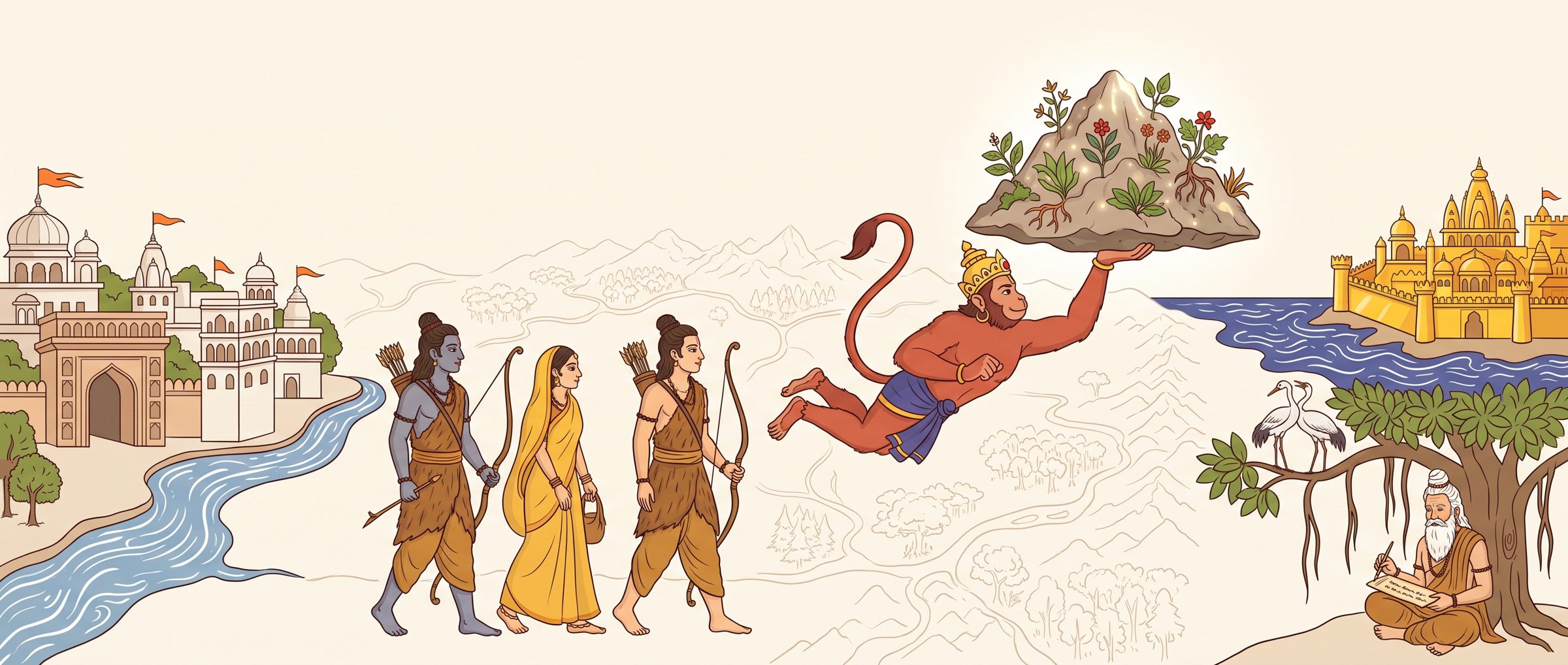 Rāma’s journey from Ayodhyā to Laṅkā, with Hanumān and Vālmīki